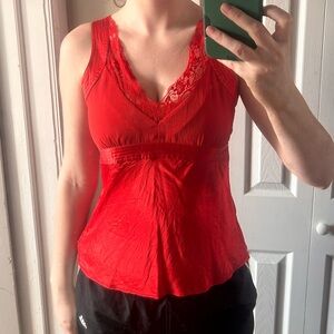 Old Navy Red Silk and Lace Trim Tank Top